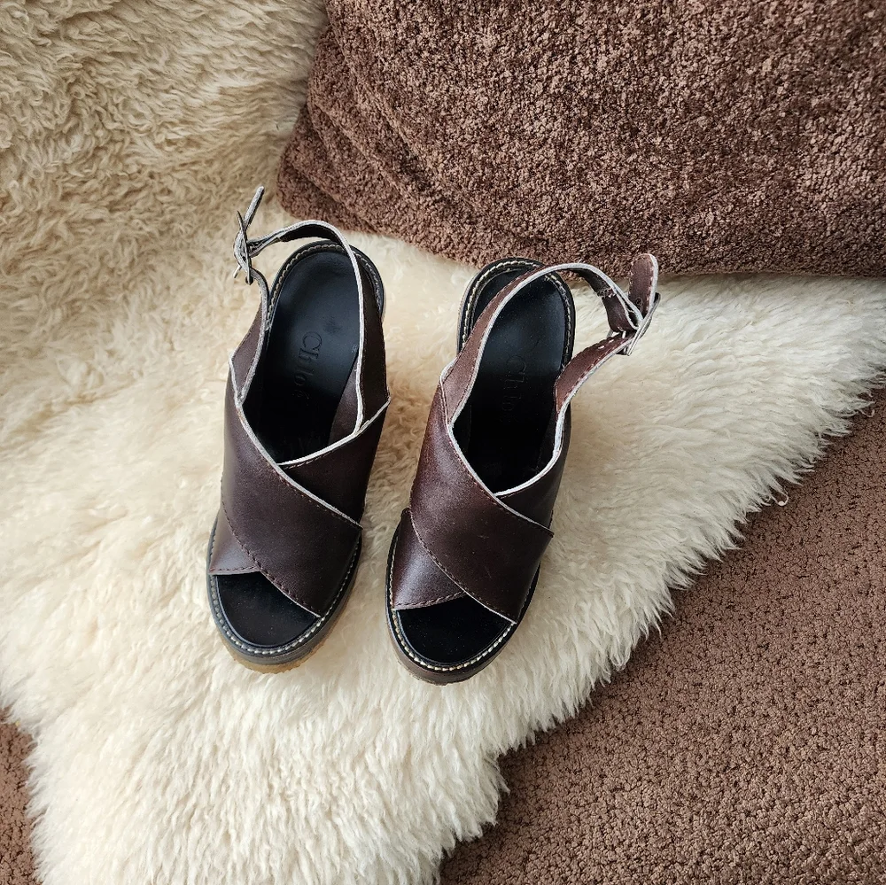 Chloe Chocolate Brown Leather Sling Back Wedge Heels